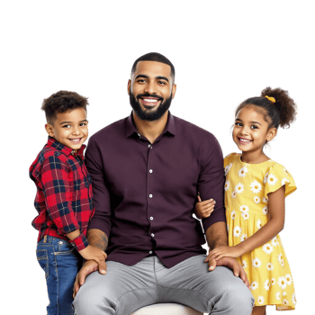 A man and two children are sitting on a chair png