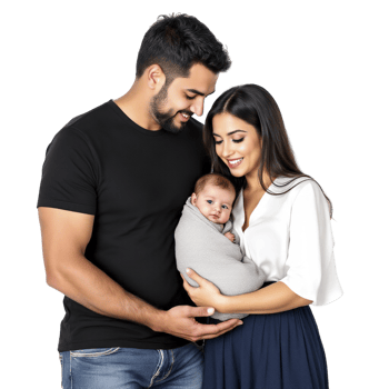 A man and woman holding a baby in a black shirt png