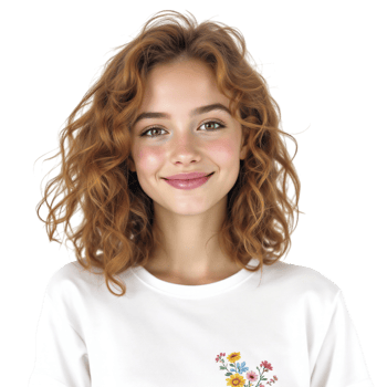 A girl with curly hair wearing a white t - shirt with a floral design png