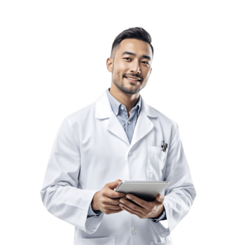 A male doctor in a white coat holding a tablet png
