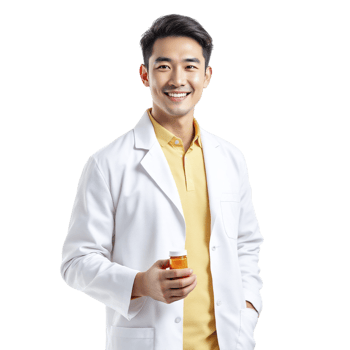 Asian male doctor holding a bottle of medicine png