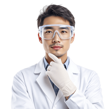 A man in a lab coat and glasses png