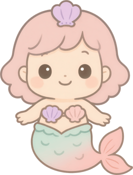 Adorable and whimsical of a young friendly mermaid with a vibrant pink tail shell hair accessory png