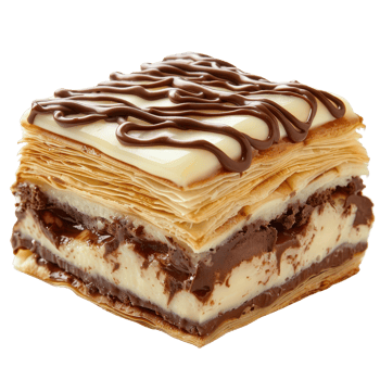 Delicious Layered Dessert with Cream and Chocolate Sauce on White Surface png