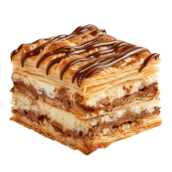 Delicious Layered Dessert with Cream and Chocolate Drizzle on a . png