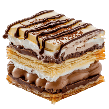 Delicious Layered Dessert with Chocolate, Cream, and Crispy Pastry in Unforgettable Texture png