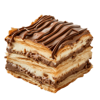 Delicious Chocolate Dessert with Layered Pastry and Creamy Filling in Mouthwatering Presentation png