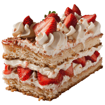 Delicious strawberry cake with whipped cream layers and fresh fruit on top, appealing dessert png