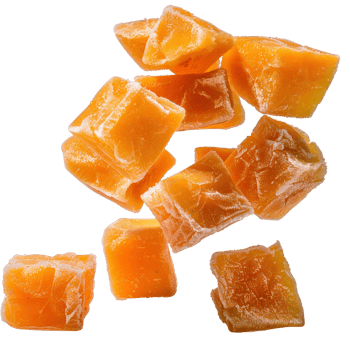 Fresh Slices of Chewy Orange Mango Fruit Cubes on a . png