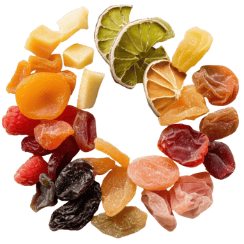 Colorful Variety of Dried Fruits and Citrus Slices Arranged in a Creative Circular Pattern png