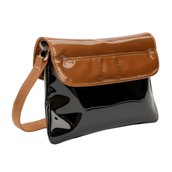 Stylish Black and Brown Patent Leather Handbag with a Detachable Strap for Modern Fashionistas png