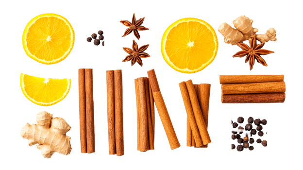 Mulled wine spices and ingredients composition, food photography, cut out transparent png
