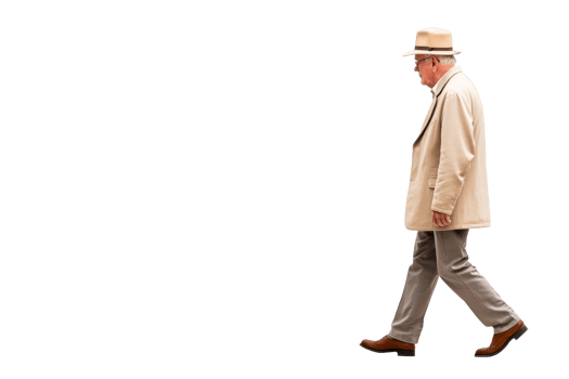 Older man walking in tan suit and hat, side view, cut out transparent png