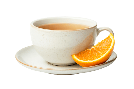 Tea cup with orange slice next to it, refreshment drink, cut out transparent png