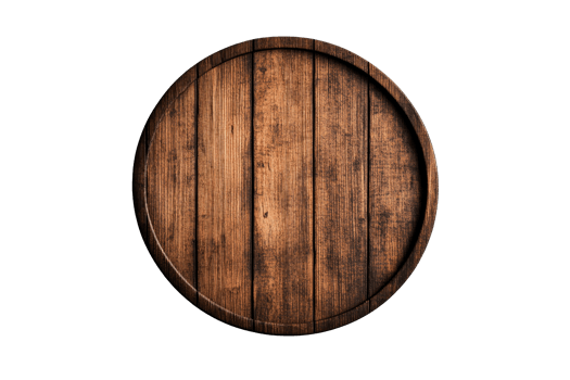 Round wooden cutting board, dark wood grain surface, cut out transparent png
