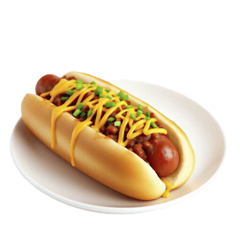 A hot dog with chili and cheese on a plate png
