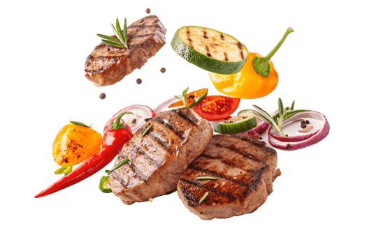 grilled meat with vegetables with bright colors floating isolated, HDR image - generated by ai png
