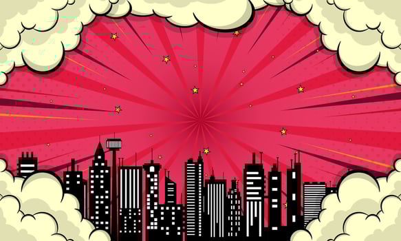 Cityscape Silhouette Against Retro Comic Book Background with Pop Art Clouds Stars vector