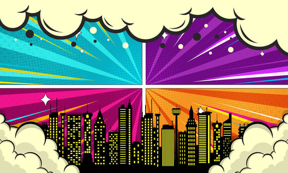 Colorful Split Screen Cityscape Comic Book Style Buildings with Ray Burst Background vector