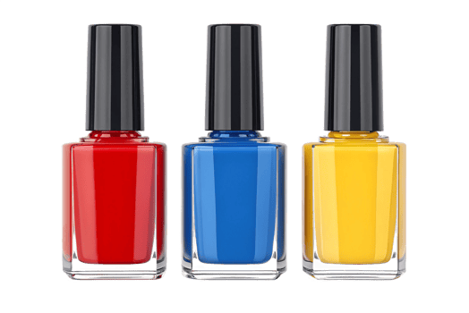 Set of three nail polish bottles in bold colors isolated- 3d rendering png