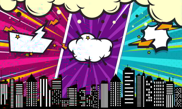 Vibrant Cityscape in Comic Book Style with White Speech Bubbles and Burst Effects vector