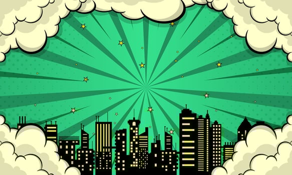 Comic Book Retro Cityscape Stylized Skyline, Star Accents, Clouds, Burst Pattern vector