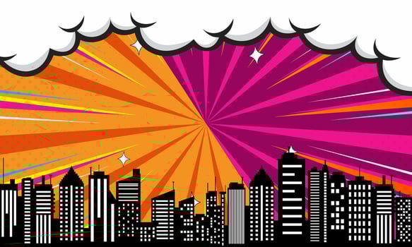 Comic Burst Background with Cityscape Silhouette, Orange and Magenta Pop Art Style vector
