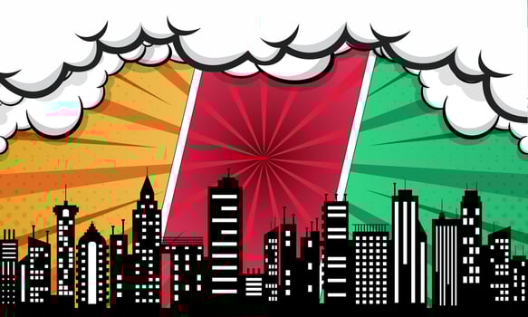 Comic Style Skyline with Buildings, Cloud and Orange, Red, Green radial halftone Background vector