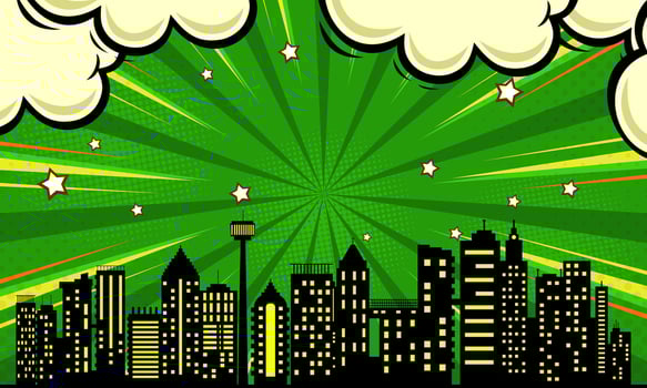 Green Comic Explosion with Cityscape Silhouette, Stars and Cartoon Clouds Graphic vector