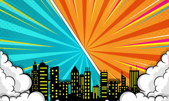 Pop Art Comic Book Page with Cityscape, Blue, Orange Halftone Background and Clouds vector
