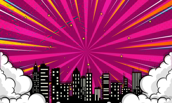 Comic Style Pink Burst Background with City Silhouette and Clouds vector
