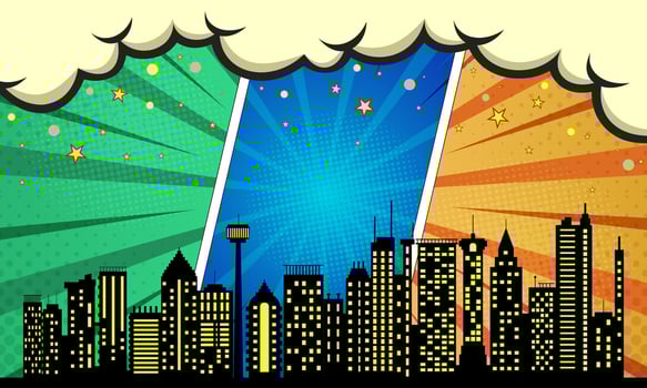 Pop Art Cityscape with Buildings, Stars, and Clouds in Retro Comic Book Style vector