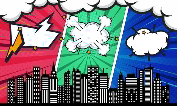Pop Art Comic Strip Background with Cityscape Silhouette and Burst Effects vector