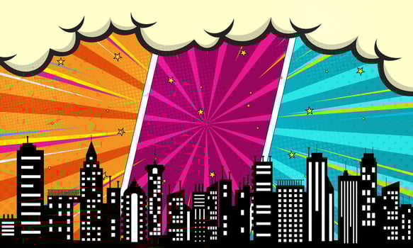 Comic Style Cityscape Silhouette with Retro Pop Art Background Panel vector