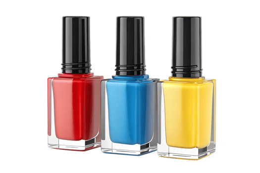 Set of three nail polish bottles in bold colors isolated png