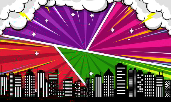 Comic Style Cityscape with Retro Color Rays, Clouds, and Star Accents vector