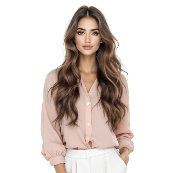 A woman wearing a blush blouse and white pants png
