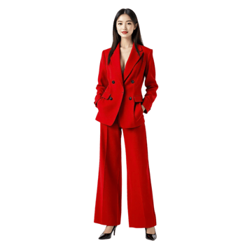 A woman in a red suit and black shoes png
