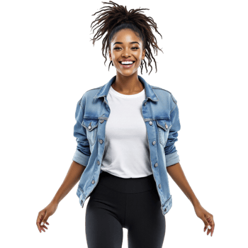A young woman in a denim jacket and black leggings png