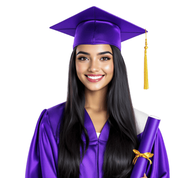 A young woman in a purple graduation gown holding a diploma png