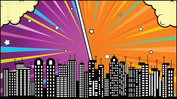 Comic Style Vibrant Cityscape with Retro Halftone and Burst Effects Backdrop vector