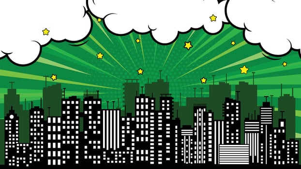 Cartoon Cityscape with Green Comic Burst, White Clouds, and Yellow Stars vector