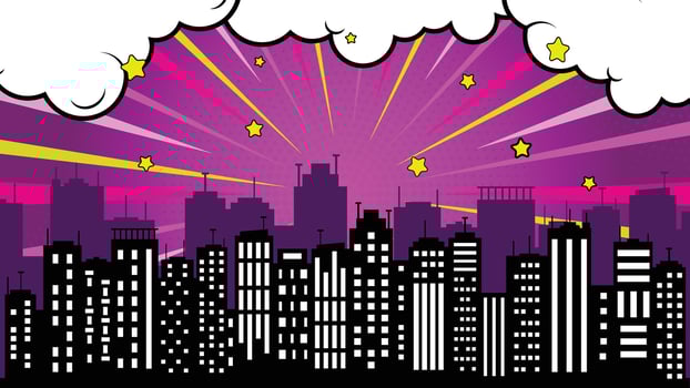Comic Style Silhouette Skyline with Stars Clouds and Rays on Purple Backdrop vector