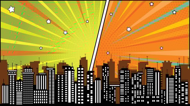 Colorful Comic Background with Halftone, Burst, Cityscape and Star Accents Design vector