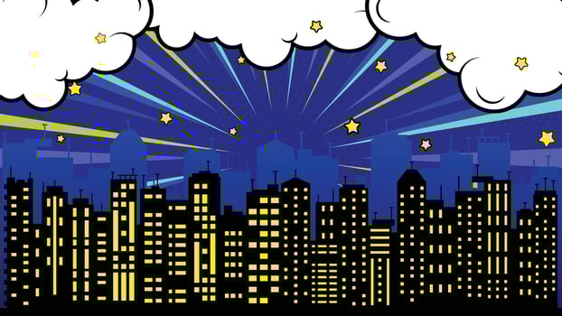 Comic Cityscape Silhouetted Buildings with Yellow Windows, Clouds, Stars, and Blue Rays vector