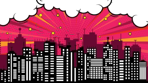 Cartoon Skyline, Cityscape Buildings with Pop Art Background and Decorative Clouds vector