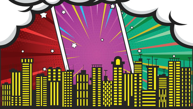 Comic Pop Art Cityscape with Yellow Windows and Star Accents vector