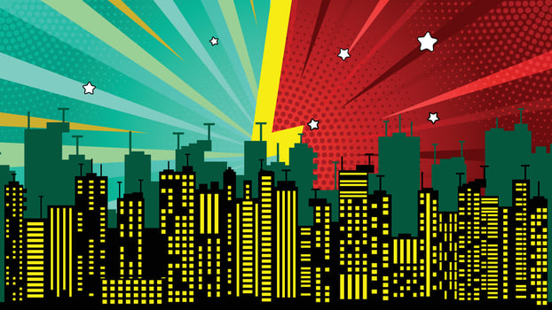 Comic Style Cityscape with Buildings Silhouette, Pop Art Background, Rays and Stars vector