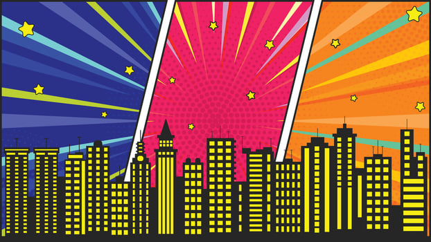 Comic Book Style Cityscape with Yellow Buildings and Blue, Pink, Orange Backgrounds vector