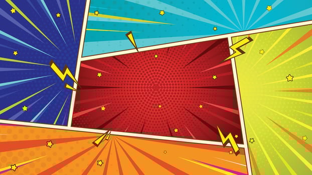 Multicolored Comic Book Panels with Rays Stars Halftone and Lightning Cartoon style vector